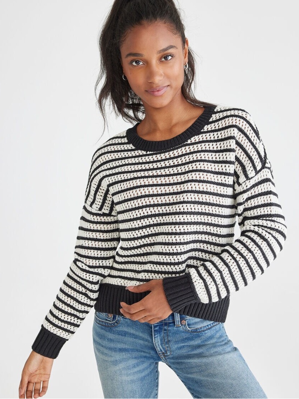 Aeropostale Striped Open Knit High-Low Crew Sweater